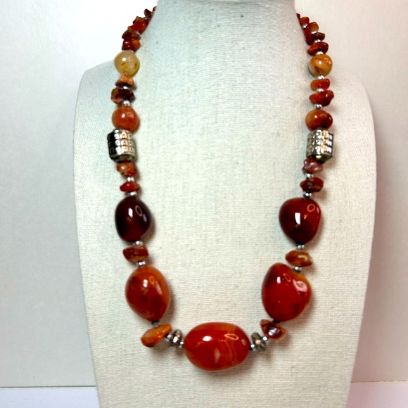 Large Carnelian Agate and coin silver beads vintage gemstone necklace - Picture 2 of 3